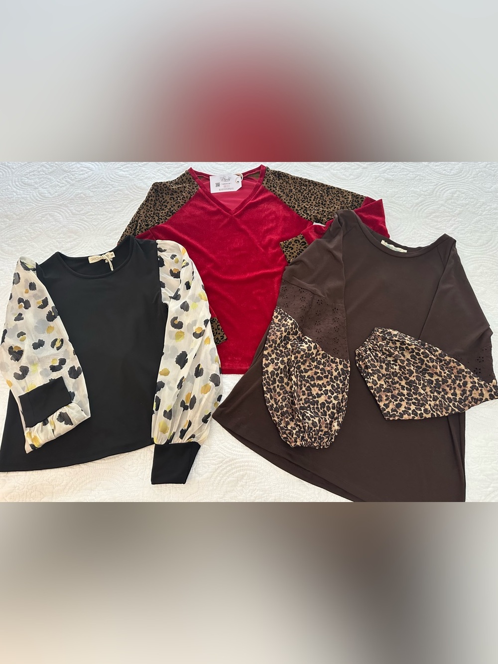 XS Boutique Bundle – 3 Long Sleeve Tops – Red Velvet & Leopard